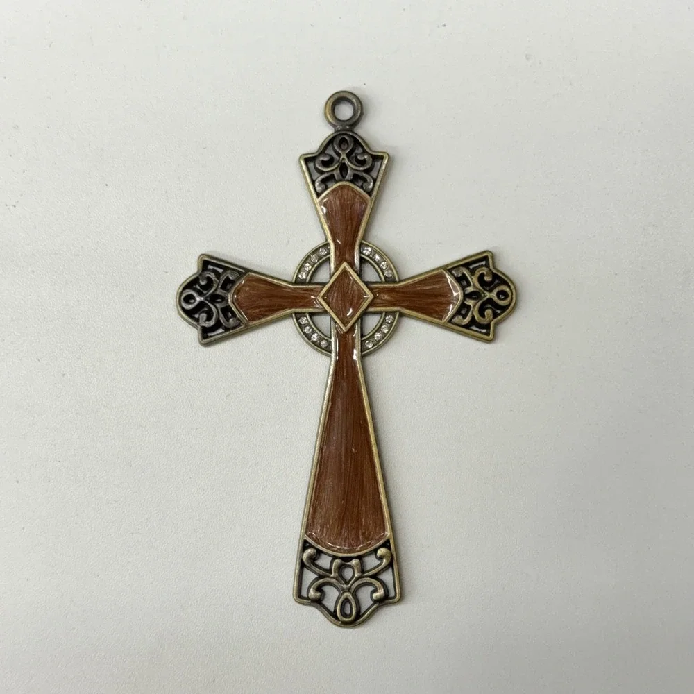 Celtic Cross Ornament with Stand Antique‎ Brass Brown Enamel Rhinestone 5 Inch